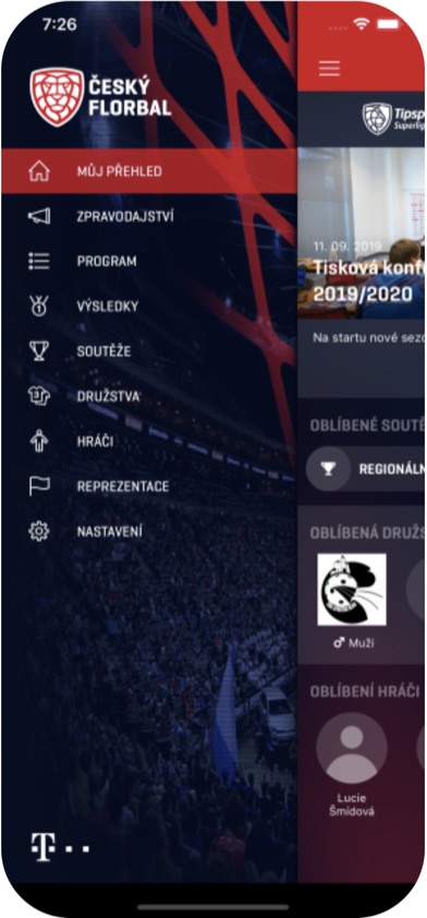 Český florbal — boční menu s navigací