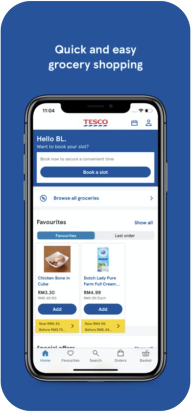 Tesco Online Malaysia — domovská obrazovka a rezervace slotu